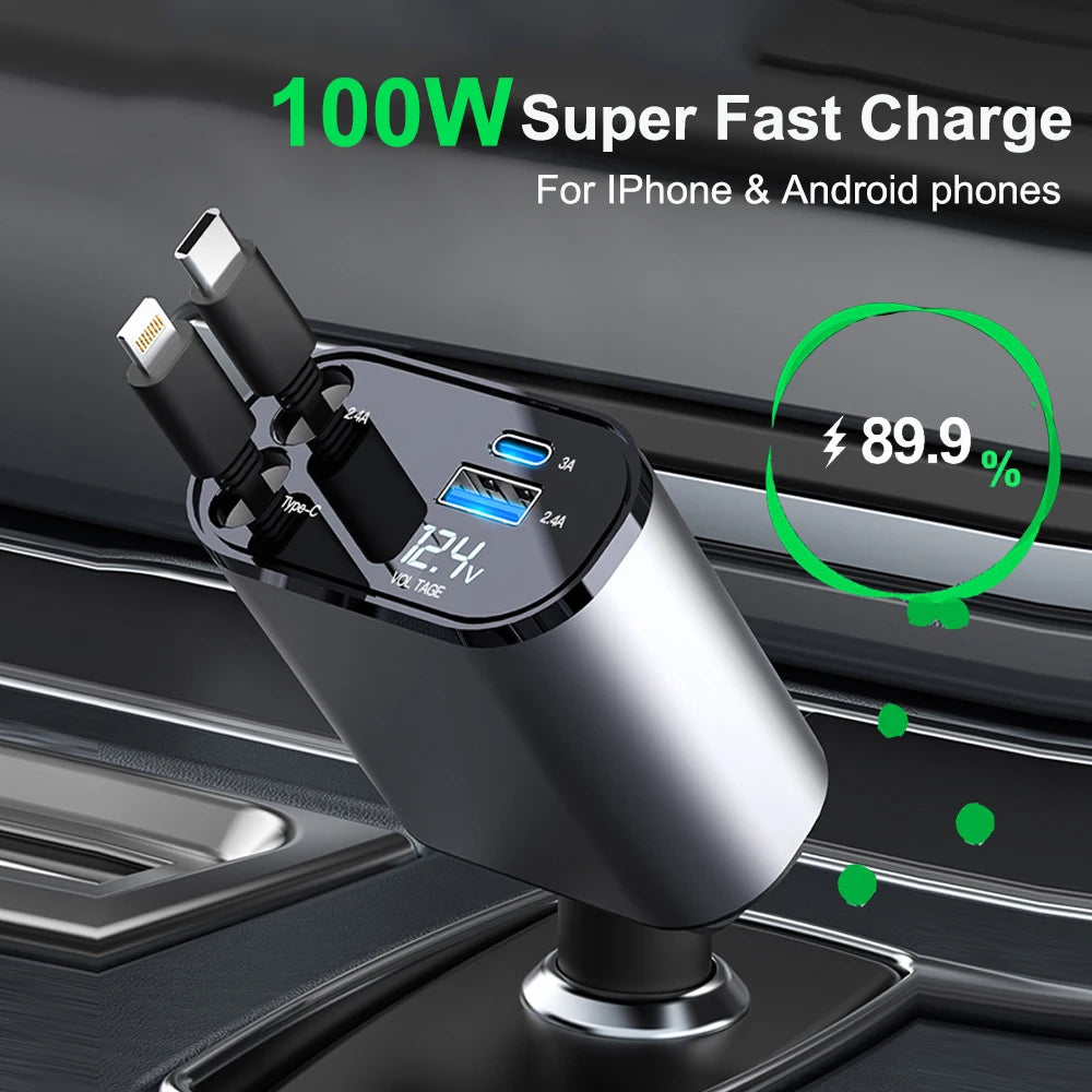 PD Car Charger 100W Quick Charger With 2 Retractable Cables Type C Fast Car Charger Voltmeter 4 in 1 Power For IPhone Huawei